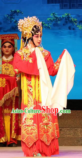 Chinese Cantonese Opera Bride Garment Legend of Lun Wenxu Costumes and Headdress Traditional Guangdong Opera Hua Tan Apparels Wedding Red Dress