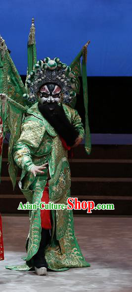 General Ma Chao Chinese Guangdong Opera Kao Apparels Costumes and Headpieces Traditional Cantonese Opera Shogun Garment Green Armor Clothing with Flags