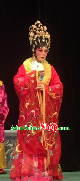 Chinese Cantonese Opera Diva Huo Xiaoyu Garment Story of the Violet Hairpin Costumes and Headdress Traditional Guangdong Opera Apparels Young Female Red Dress