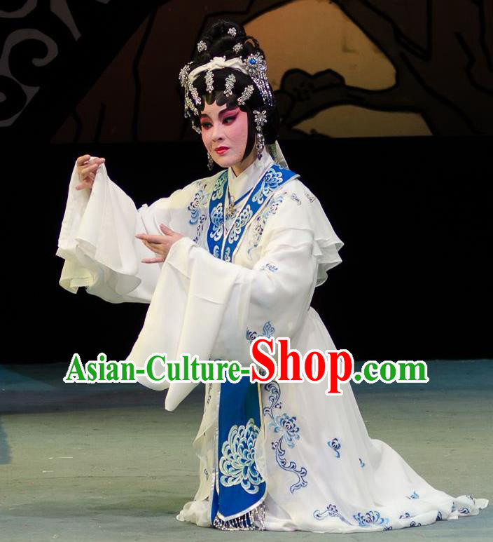 Chinese Cantonese Opera Young Beauty Garment Yuan Yang Sword Qin Huilan Costumes and Headdress Traditional Guangdong Opera Hua Tan Apparels Actress White Dress