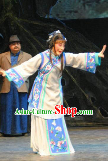Chinese Cantonese Opera Diva Qiu Yue Garment The Watchtower Costumes and Headdress Traditional Guangdong Opera Young Female Apparels Distress Maiden Dress