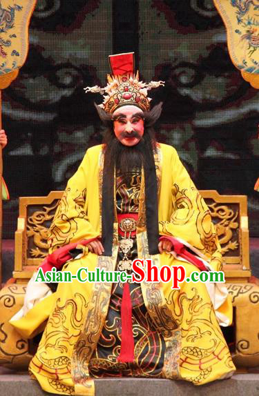 Legend of Er Lang Chinese Guangdong Opera Elderly Male Apparels Costumes and Headwear Traditional Cantonese Opera Monarch Garment King Zhou of Shang Clothing