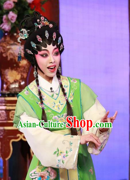Chinese Cantonese Opera Young Lady Garment The Mad Monk by the Sea Costumes and Headdress Traditional Guangdong Opera Apparels Xiaodan Qiu Chan Green Dress