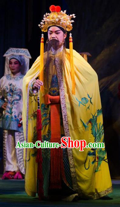 Chinese Guangdong Opera Elderly Male Apparels Costumes and Headwear Traditional Cantonese Opera Monarch Garment Emperor Clothing