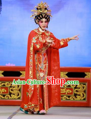 Chinese Cantonese Opera Swordswoman Liu Jinding Garment San Kan Yu Mei Costumes and Headdress Traditional Guangdong Opera Wudan Apparels Martial Female Red Dress