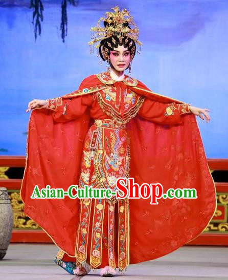 Chinese Cantonese Opera Swordswoman Liu Jinding Garment San Kan Yu Mei Costumes and Headdress Traditional Guangdong Opera Wudan Apparels Martial Female Red Dress