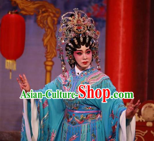 Chinese Cantonese Opera Imperial Consort Garment Dan Jia Nv Costumes and Headdress Traditional Guangdong Opera Hua Tan Apparels Young Female Blue Dress