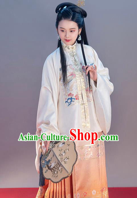 Chinese Traditional Ming Dynasty Noble Female Apparels Ancient Patrician Lady Hanfu Dress Historical Costumes White Blouse and Orange Skirt Complete Set