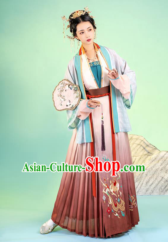 Asian Chinese Traditional Song Dynasty Nobility Lady Hanfu Apparels Ancient Young Female Historical Costumes Beizi Blouse and Pleated Skirt Full Set