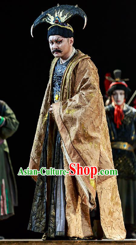 Chinese Traditional Stage Performance King Qi Apparels Costumes Historical Drama The Prince of Lanling Ancient Monarch Garment Elderly Male Clothing and Headwear