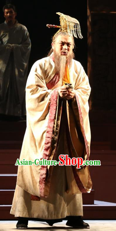 Chinese Traditional Han Dynasty Duke Clothing Stage Performance Historical Drama King of Nanyue Elderly Male Apparels Costumes Ancient Lord Zhao Tuo Garment and Headwear