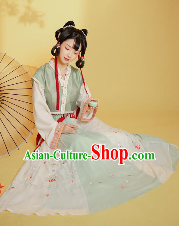 Top Chinese Traditional Tang Dynasty Young Lady Hanfu Apparels Ancient Village Girl Historical Costumes Half Sleeved Garment Blouse and Skirt Full Set