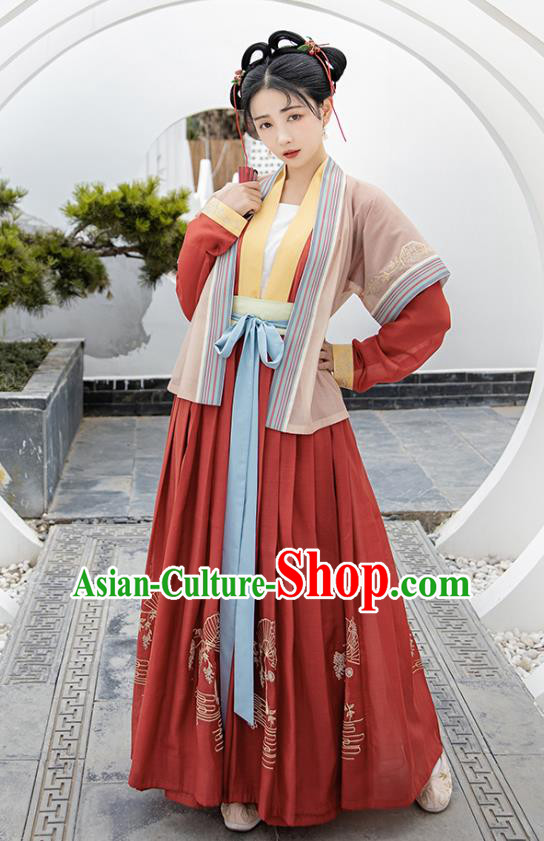 Traditional Chinese Song Dynasty Young Lady Hanfu Apparels Ancient Village Girl Historical Costumes Beizi Blouse and Skirt Complete Set