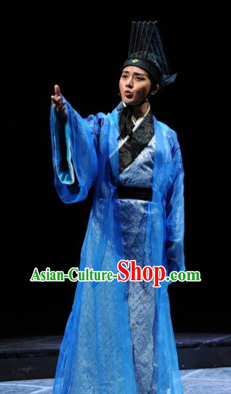 Chinese Traditional Han Dynasty Young Male Clothing Stage Performance Historical Drama Sima Qian Apparels Costumes Ancient Official Blue Garment and Headwear