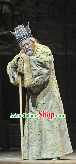 Chinese Traditional Qin Dynasty Elderly Male Clothing Stage Performance Historical Drama Fu Sheng Apparels Costumes Ancient Scholar Garment and Headwear