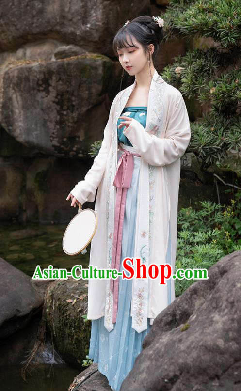 Chinese Traditional Song Dynasty Village Girl Hanfu Apparels Ancient Civilian Lady Embroidered Long BeiZi and Skirt Historical Costumes Complete Set