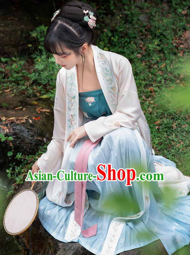 Chinese Traditional Song Dynasty Village Girl Hanfu Apparels Ancient Civilian Lady Embroidered Long BeiZi and Skirt Historical Costumes Complete Set