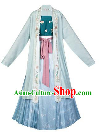 Traditional Chinese Song Dynasty Young Lady Hanfu Dress Apparels Ancient Village Girl Embroidered Long BeiZi and Skirt Historical Costumes Full Set