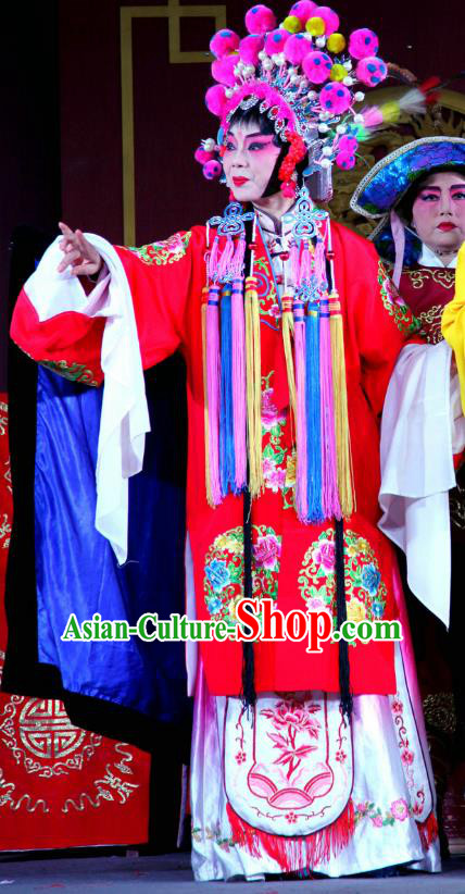 Chinese Sichuan Opera Highlights Imperial Consort Wei Garment Costumes and Headdress Bei Mang Mountain Traditional Peking Opera Young Female Red Dress Apparels