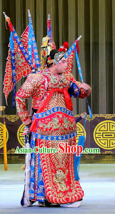 Da Hu Shou Xiao Chinese Sichuan Opera General Red Kao Apparels Costumes and Headpieces Peking Opera Highlights Armor Garment Clothing with Flags