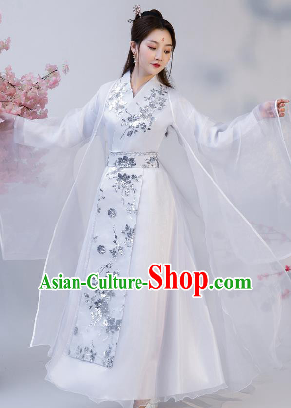 Chinese Ancient Drama Female Swordsman White Hanfu Dress Apparels Traditional Ming Dynasty Heroine Historical Costumes for Women