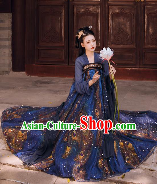 Chinese Traditional Tang Dynasty Royal Infanta Historical Costumes Ancient Princess Navy Hanfu Dress Apparels