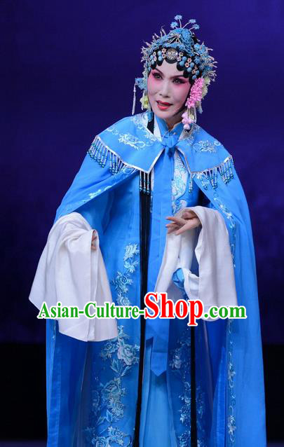 Chinese Hebei Clapper Opera Hua Tan Blue Garment Costumes and Headdress Zhen Zhu Shan Traditional Bangzi Opera Actress Dress Young Mistress Wang Sanqiao Apparels