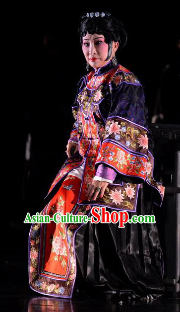 Chinese Hebei Clapper Opera Rich Female Cao Qiqiao Garment Costumes and Headdress Golden Lock Notes Traditional Bangzi Opera Actress Dress Diva Apparels