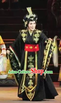 Chinese Shanxi Clapper Opera Queen Feng Yan Garment Costumes and Headdress Ping Cheng Fu Traditional Bangzi Opera Actress Black Dress Diva Apparels