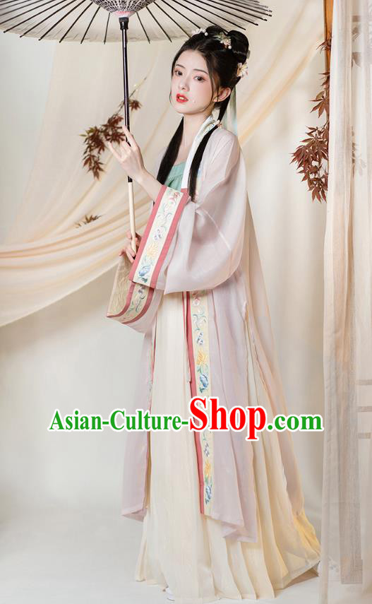 Chinese Ancient Young Lady Embroidered Hanfu Dress Apparels Traditional Song Dynasty Civilian Girl Historical Costumes Complete Set