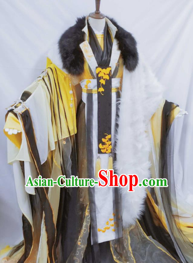 Top Chinese Cosplay Royal King Costume Ancient Swordsman Emperor Yellow Clothing for Men