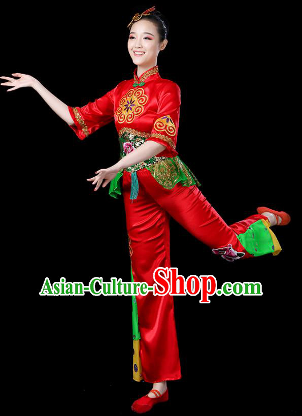 Traditional Chinese Folk Dance Costumes Stage Show Fan Dance Garment Yanko Dance Red Blouse and Pants Outfits for Women