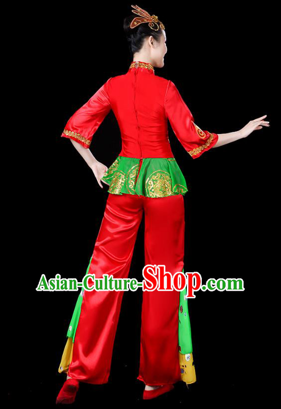 Traditional Chinese Folk Dance Costumes Stage Show Fan Dance Garment Yanko Dance Red Blouse and Pants Outfits for Women