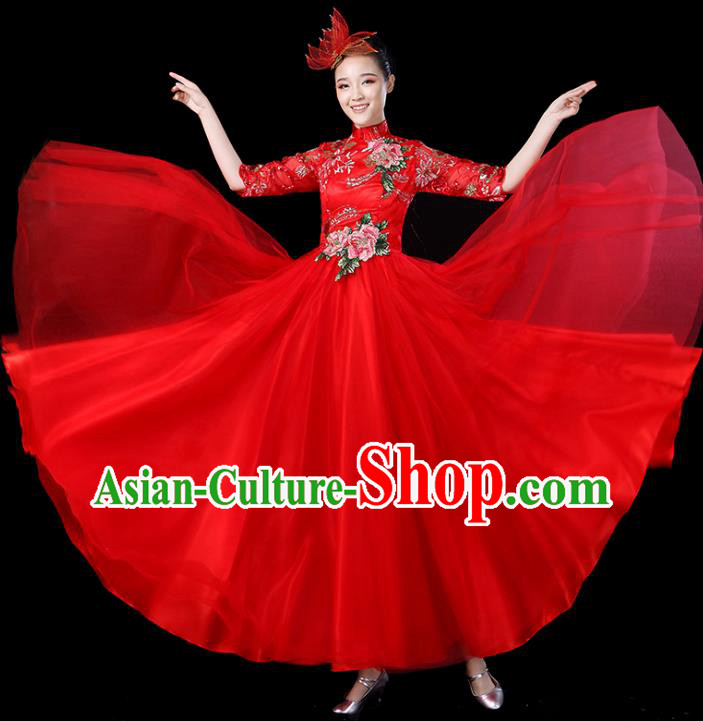Traditional Chinese Opening Dance Costumes Stage Show Modern Dance Garment Folk Dance Red Dress for Women