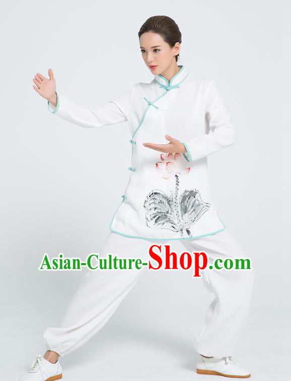 Professional Chinese Martial Arts Hand Painting Lotus White Flax Blouse and Pants Costumes Kung Fu Training Garment Tai Chi Outfits for Women