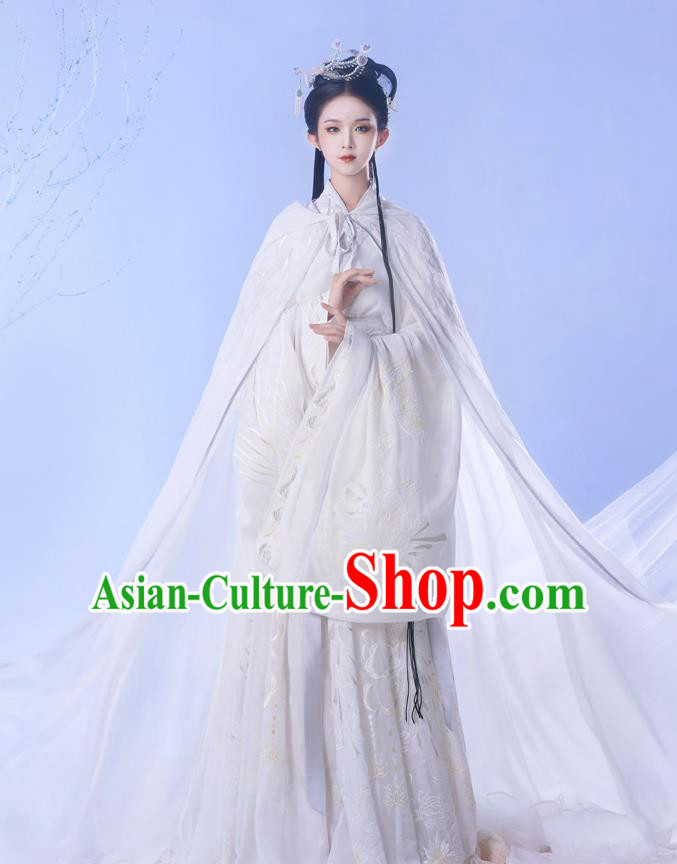Chinese Ancient Hanfu Garment Jin Dynasty Royal Princess Embroidered White Cape Blouse and Skirt Costumes Full Set