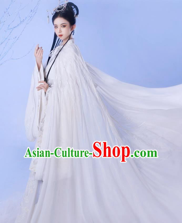 Chinese Ancient Hanfu Garment Jin Dynasty Royal Princess Embroidered White Cape Blouse and Skirt Costumes Full Set
