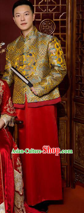 Top Chinese Traditional Wedding Costume Ancient Bridegroom Clothing Tang Suit Golden Mandarin Jacket and Red Gown for Men