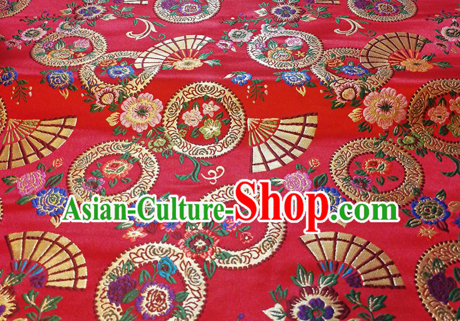 Asian Chinese Traditional Fan Flowers Pattern Design Red Brocade Fabric Cheongsam Silk Tapestry Material