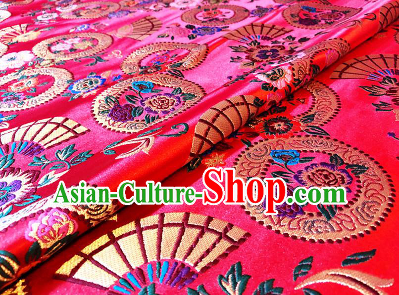 Asian Chinese Traditional Fan Flowers Pattern Design Red Brocade Fabric Cheongsam Silk Tapestry Material