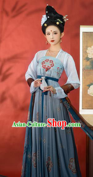 Chinese Ancient Imperial Concubine Costumes Tang Dynasty Hanfu Garment Blue Cloak Blouse and Strapless Dress Complete Set