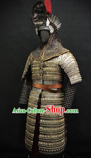 Traditional Chinese Ming Dynasty General Iron Body Armor Ancient Warrior Costumes and Helmet for Men