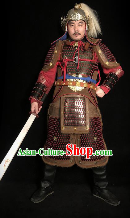Traditional Chinese Song Dynasty General Body Armor Ancient Cavalry Warrior Costumes and Helmet Full Set