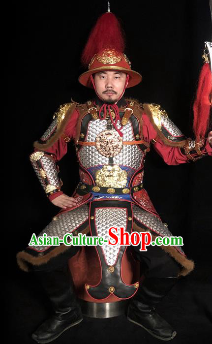Traditional Chinese Song Dynasty General Argent Body Armor Ancient Cavalry Warrior Costumes and Helmet Full Set