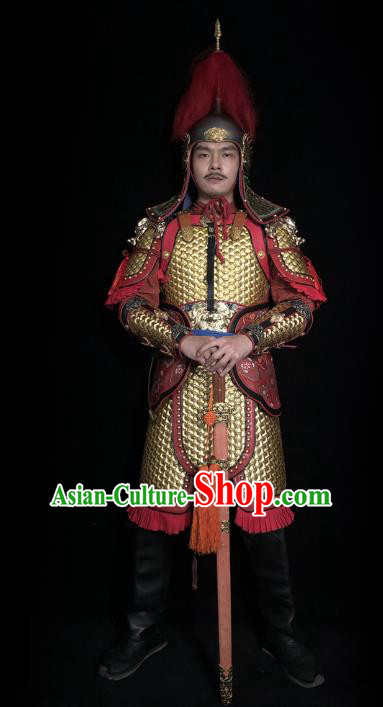 Traditional Chinese Tang Dynasty General Golden Body Armor Ancient Cavalry Warrior Iron Costumes and Helmet Full Set