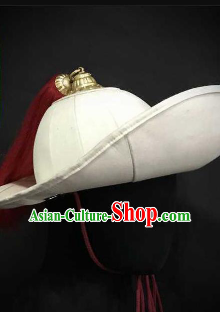 Traditional Chinese Song Dynasty Swordsman White Flax Hat Headpiece Ancient General Helmet for Men
