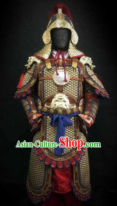 Traditional Chinese Ming Dynasty Imperial Guard Golden Body Armor Outfits Ancient Infantry General Copper Costumes and Helmet Full Set