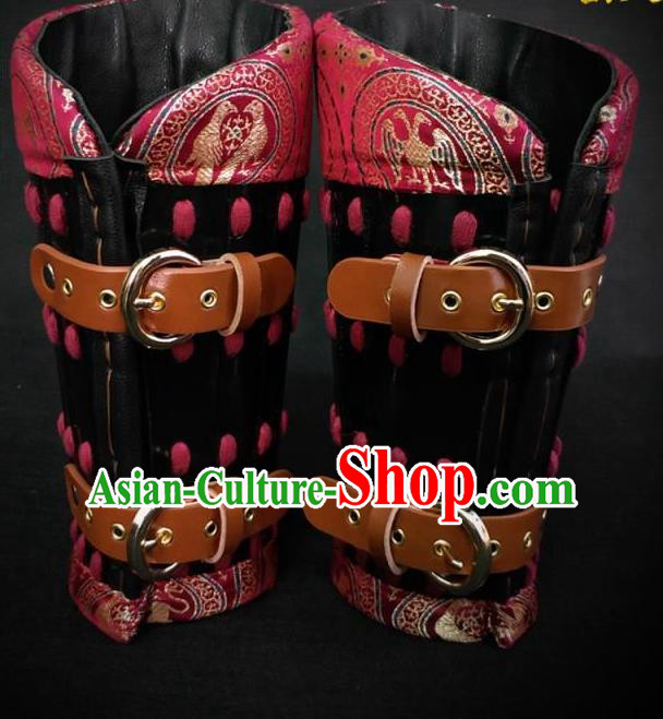 Traditional Chinese Ming Dynasty Infantry Warrior Red Brocade Wrist Guard Wristband Armor Ancient Soldier Leather Wristlets for Men