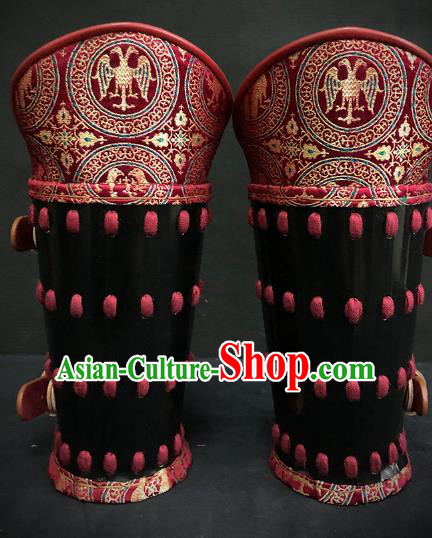 Traditional Chinese Ming Dynasty Infantry Warrior Red Brocade Wrist Guard Wristband Armor Ancient Soldier Leather Wristlets for Men