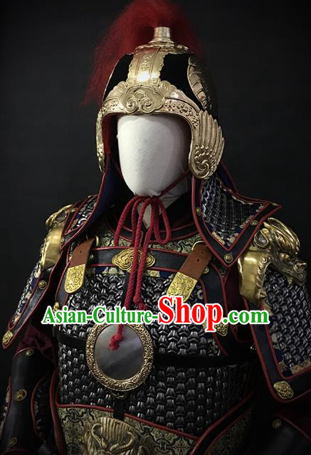 Traditional Chinese Ming Dynasty Soldier Body Armor Outfits Ancient Infantry General Copper Costumes and Helmet Full Set